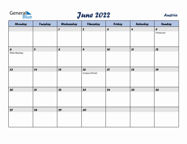 June 2022 Calendar with Holidays in Austria