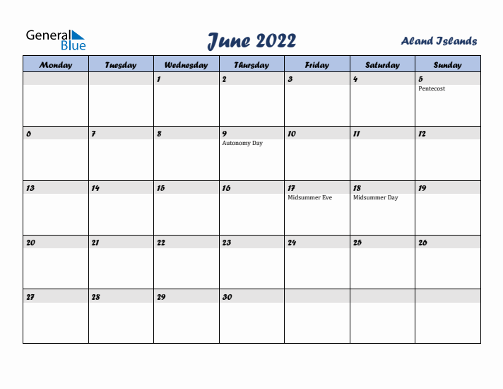 June 2022 Calendar with Holidays in Aland Islands