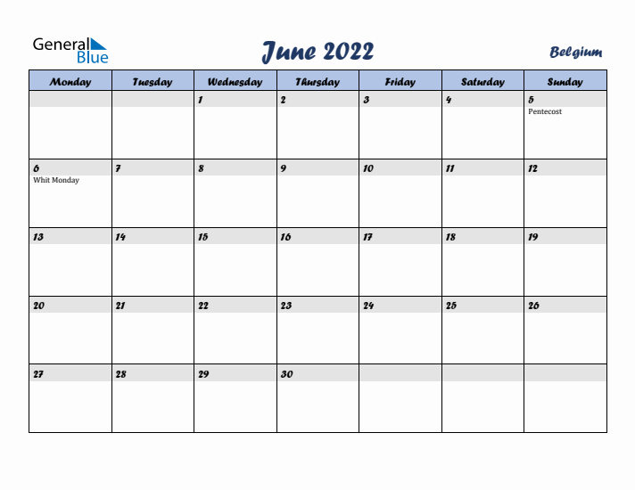 June 2022 Calendar with Holidays in Belgium