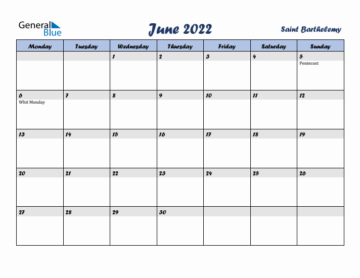 June 2022 Calendar with Holidays in Saint Barthelemy
