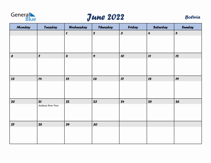 June 2022 Calendar with Holidays in Bolivia