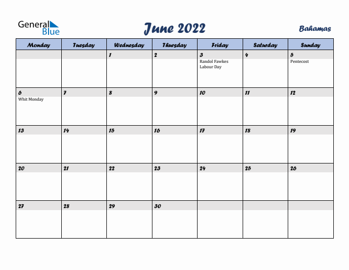 June 2022 Calendar with Holidays in Bahamas