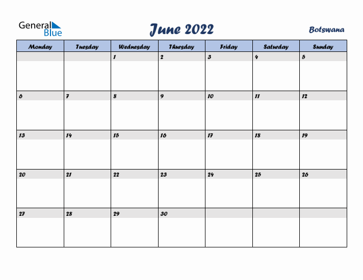 June 2022 Calendar with Holidays in Botswana