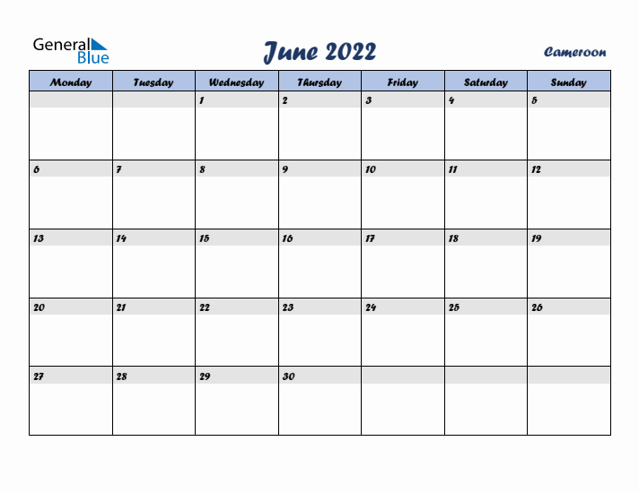 June 2022 Calendar with Holidays in Cameroon