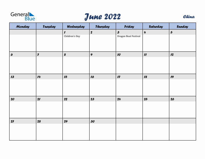 June 2022 Calendar with Holidays in China