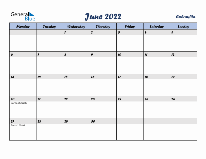 June 2022 Calendar with Holidays in Colombia