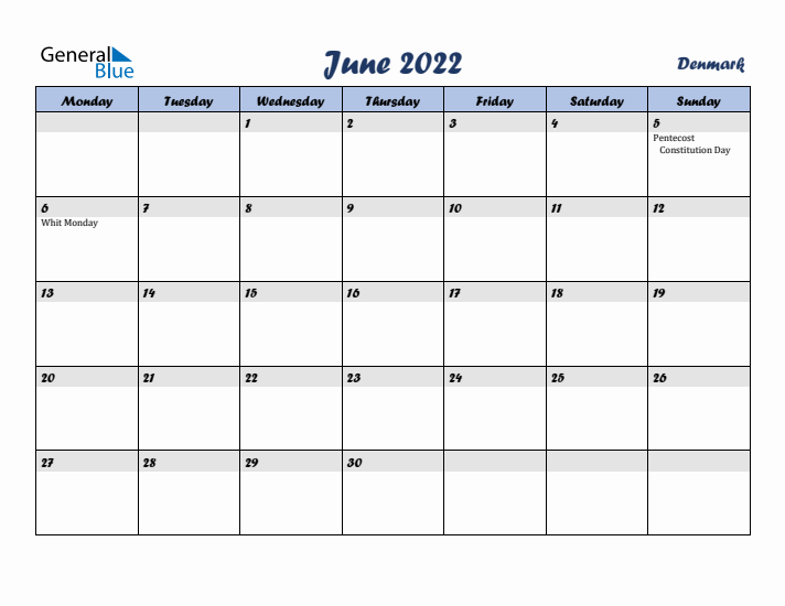 June 2022 Calendar with Holidays in Denmark