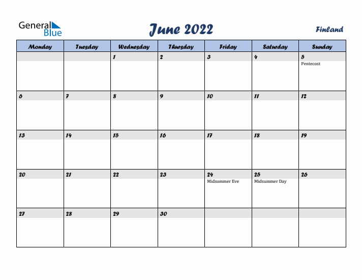 June 2022 Calendar with Holidays in Finland