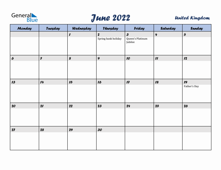 June 2022 Calendar with Holidays in United Kingdom
