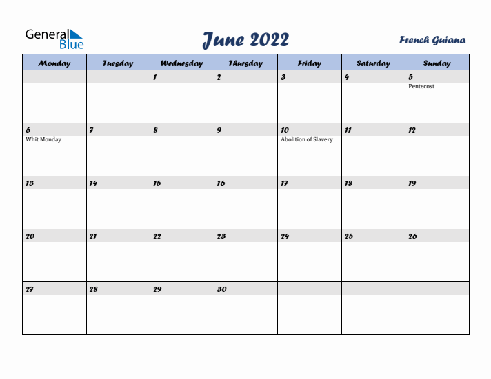June 2022 Calendar with Holidays in French Guiana