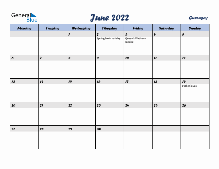 June 2022 Calendar with Holidays in Guernsey