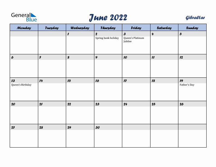 June 2022 Calendar with Holidays in Gibraltar