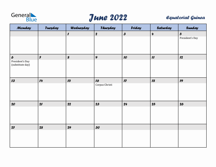 June 2022 Calendar with Holidays in Equatorial Guinea
