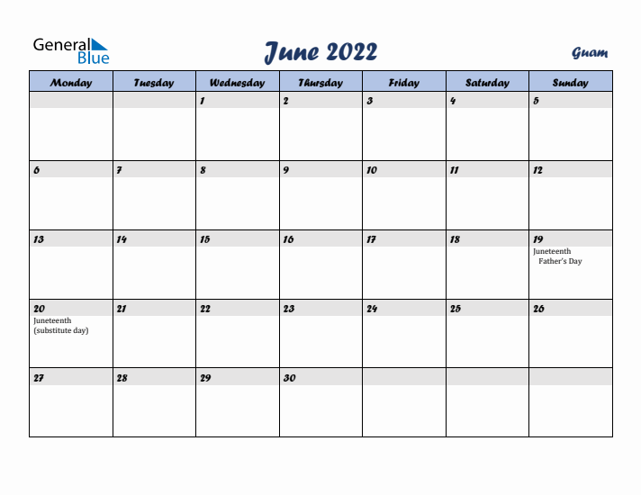 June 2022 Calendar with Holidays in Guam