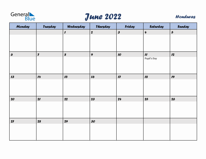 June 2022 Calendar with Holidays in Honduras
