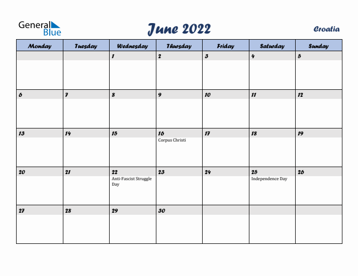 June 2022 Calendar with Holidays in Croatia