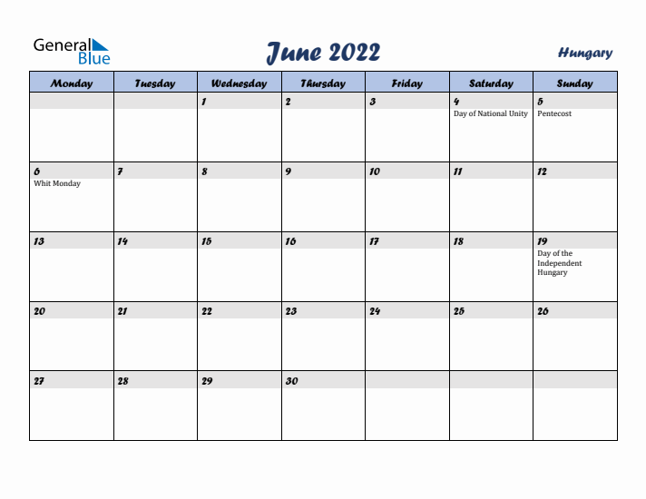 June 2022 Calendar with Holidays in Hungary
