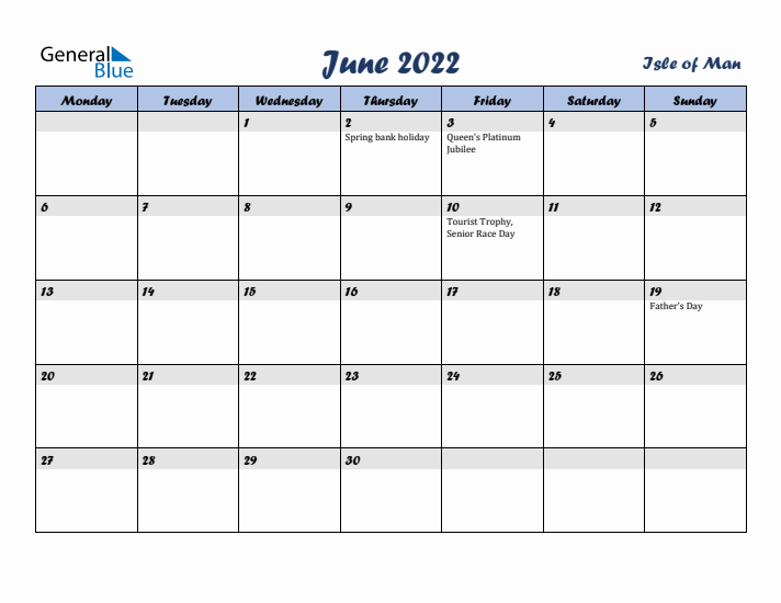 June 2022 Calendar with Holidays in Isle of Man