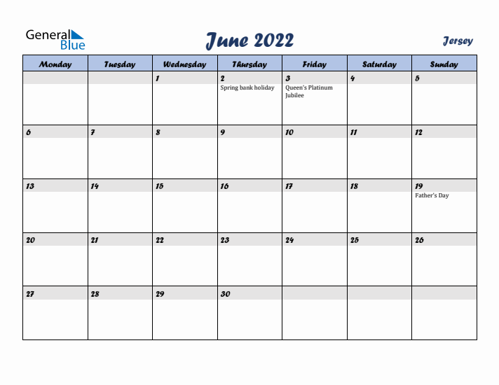 June 2022 Calendar with Holidays in Jersey