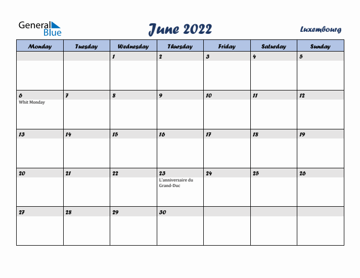 June 2022 Calendar with Holidays in Luxembourg