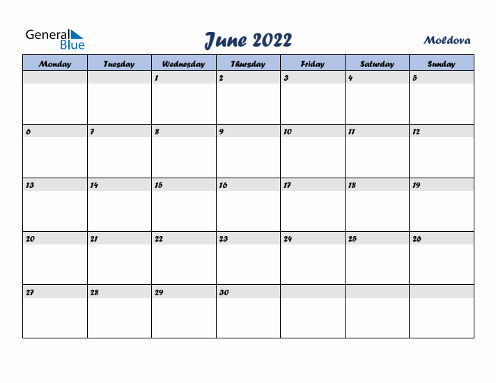 June 2022 Calendar with Holidays in Moldova