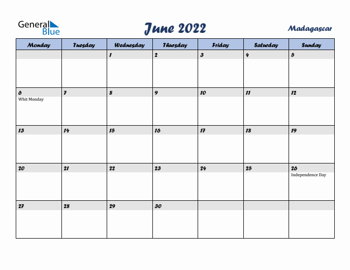 June 2022 Calendar with Holidays in Madagascar