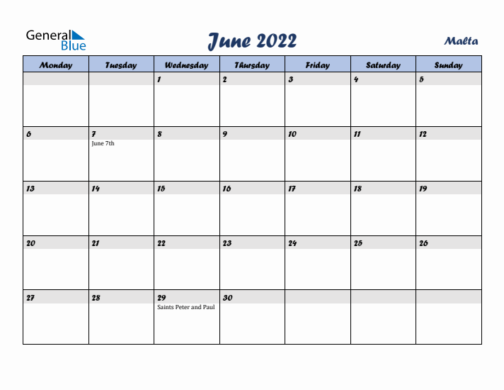 June 2022 Calendar with Holidays in Malta