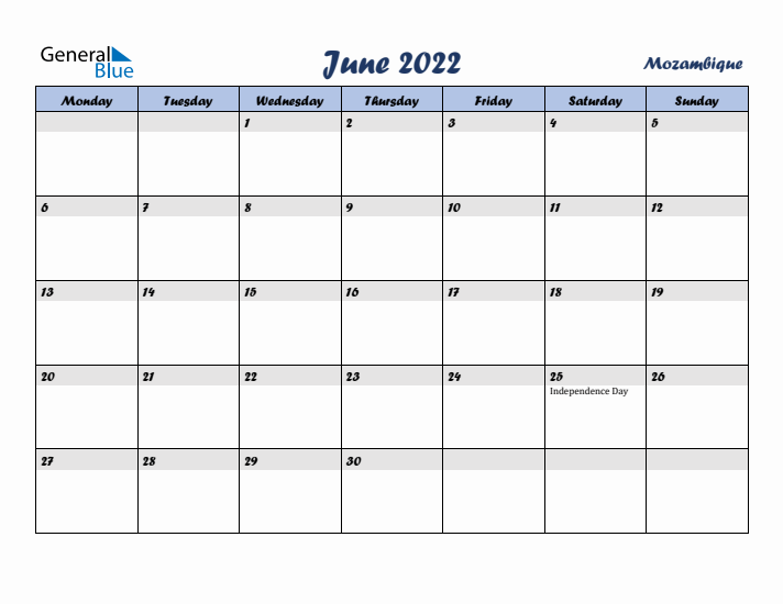 June 2022 Calendar with Holidays in Mozambique