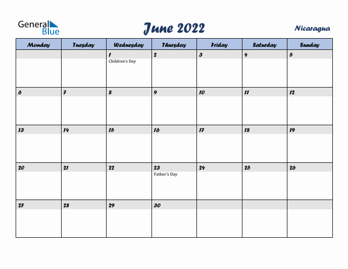 June 2022 Calendar with Holidays in Nicaragua
