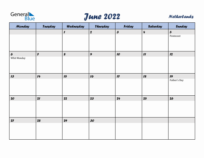 June 2022 Calendar with Holidays in The Netherlands