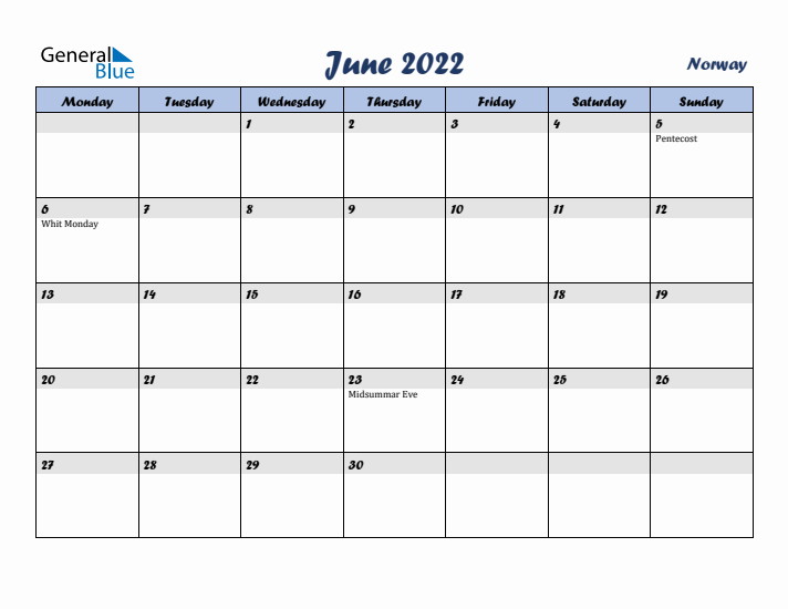 June 2022 Calendar with Holidays in Norway