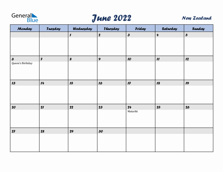 June 2022 Calendar with Holidays in New Zealand