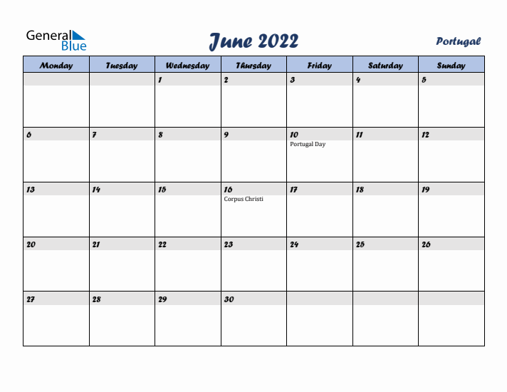 June 2022 Calendar with Holidays in Portugal