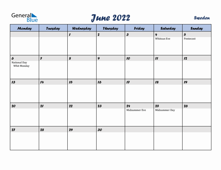 June 2022 Calendar with Holidays in Sweden