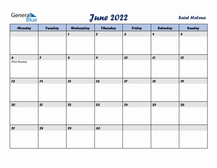 June 2022 Calendar with Holidays in Saint Helena