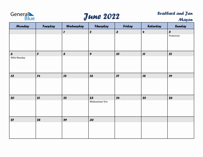 June 2022 Calendar with Holidays in Svalbard and Jan Mayen