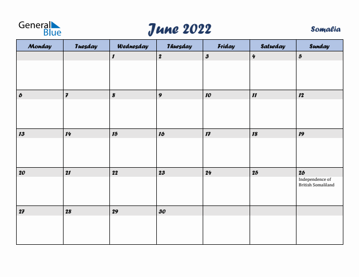 June 2022 Calendar with Holidays in Somalia