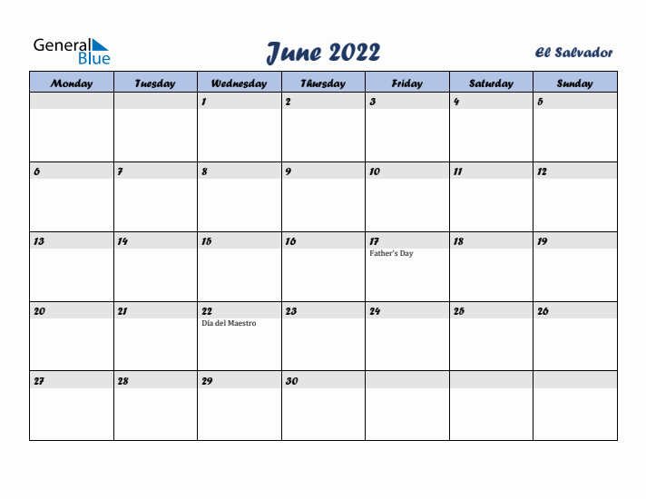 June 2022 Calendar with Holidays in El Salvador