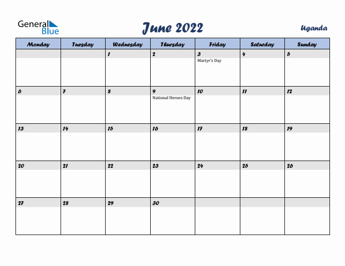 June 2022 Calendar with Holidays in Uganda