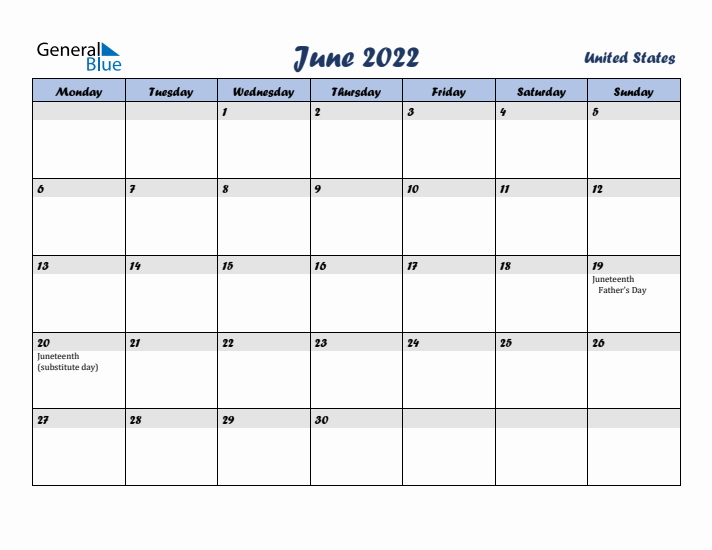 June 2022 Calendar with Holidays in United States