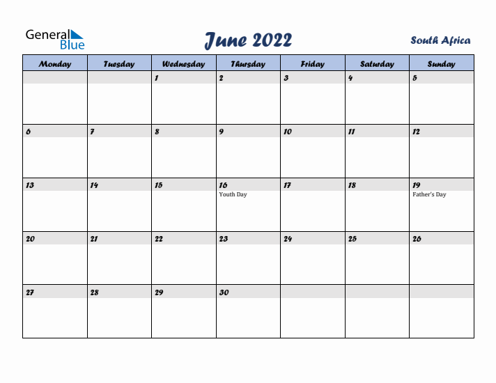 June 2022 Calendar with Holidays in South Africa