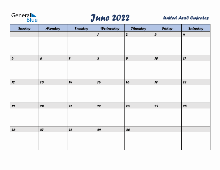 June 2022 Calendar with Holidays in United Arab Emirates