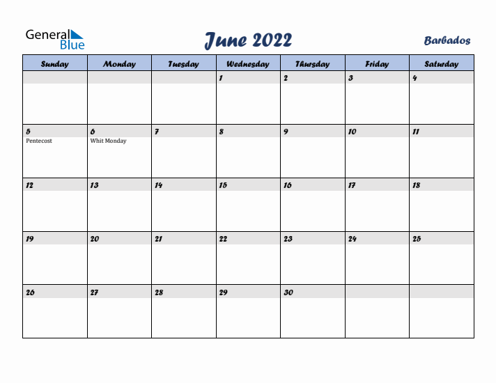 June 2022 Calendar with Holidays in Barbados