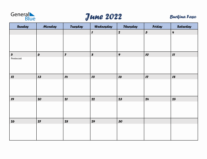 June 2022 Calendar with Holidays in Burkina Faso