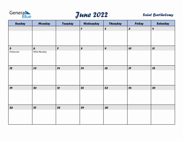 June 2022 Calendar with Holidays in Saint Barthelemy