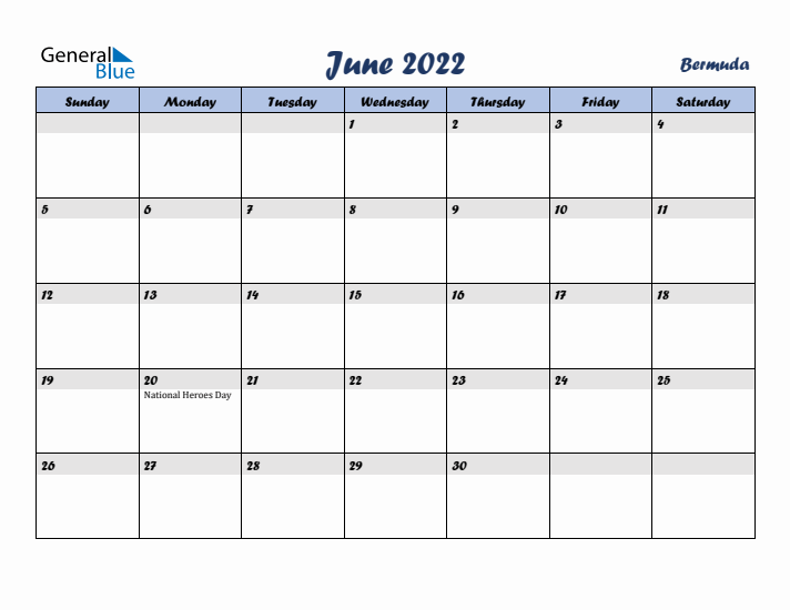 June 2022 Calendar with Holidays in Bermuda