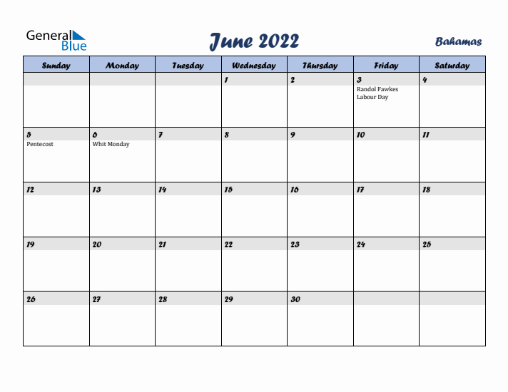 June 2022 Calendar with Holidays in Bahamas