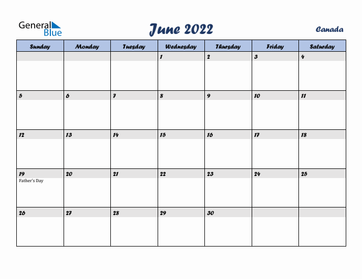 June 2022 Calendar with Holidays in Canada