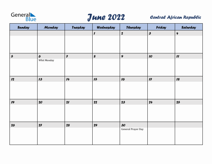 June 2022 Calendar with Holidays in Central African Republic