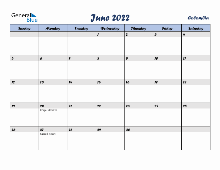 June 2022 Calendar with Holidays in Colombia
